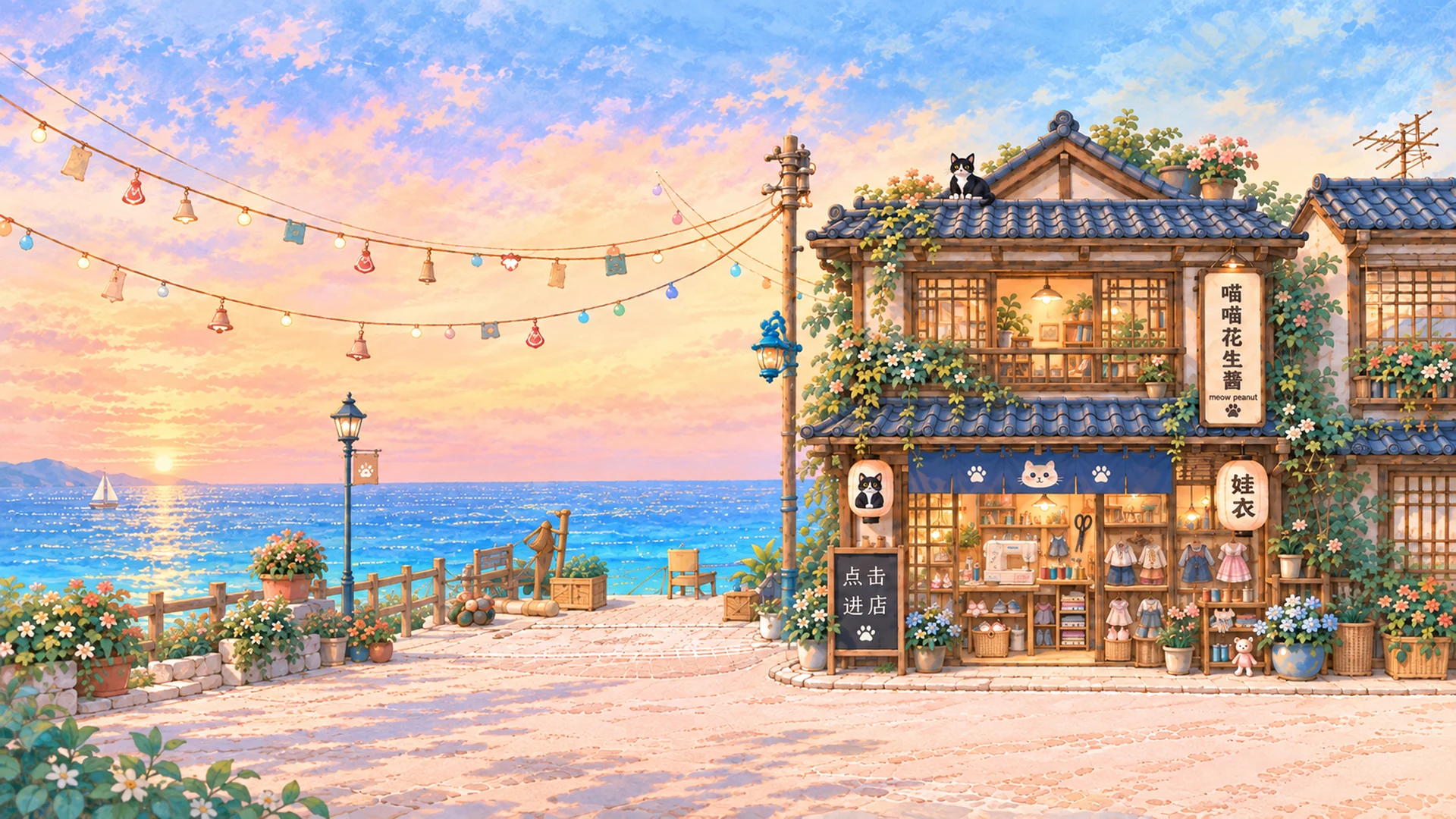 海边黄昏下的喵喵花生酱娃衣小店