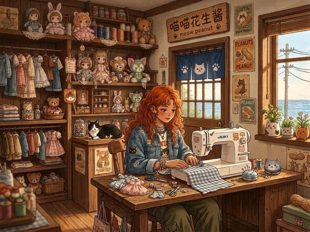 工作室里，店主在缝纫机前做娃衣